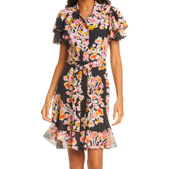DYVNA Dresses & Skirts - DYVNA - Print Silk Shirtdress in Pink Floral Bouquet